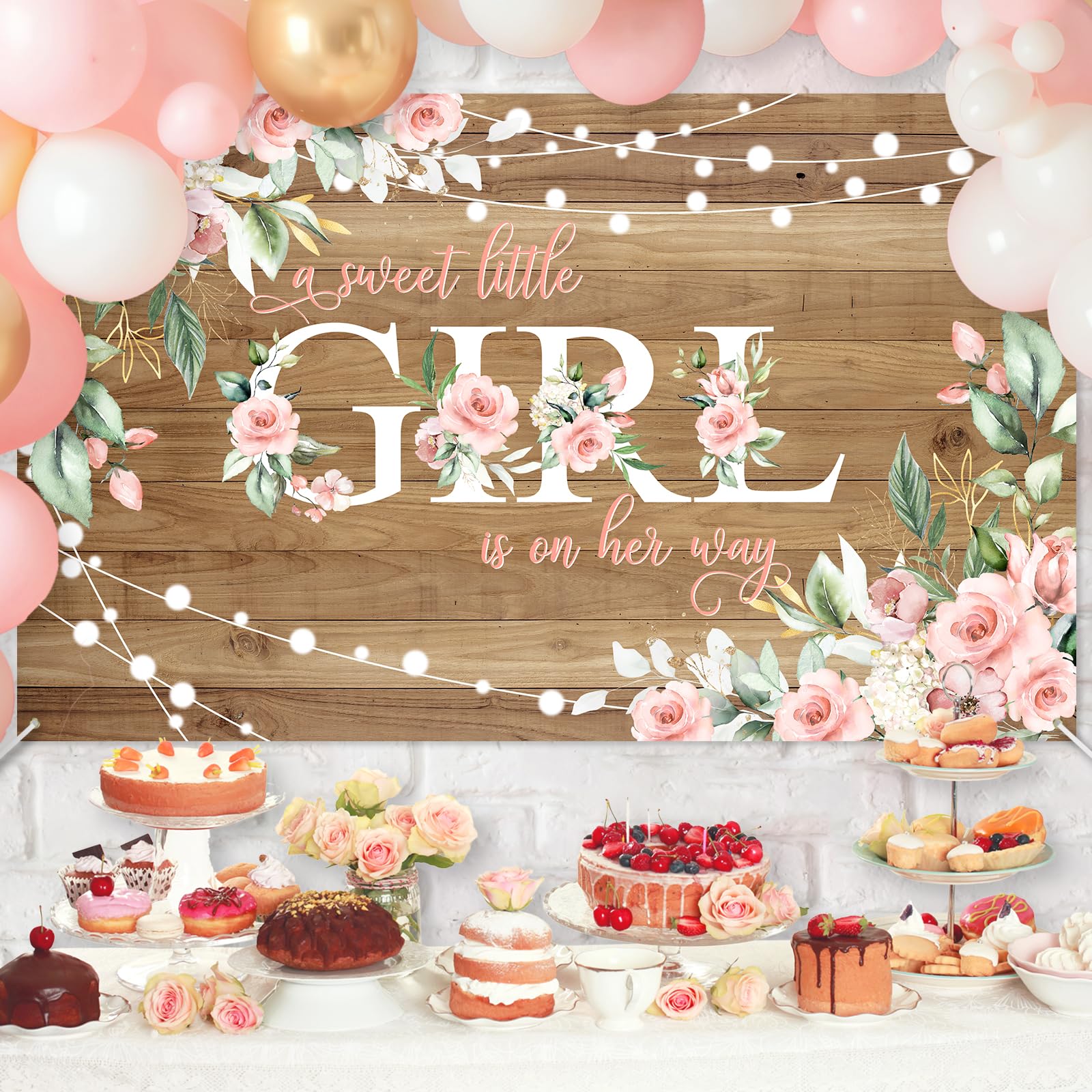 Avezano Rustic Girl Baby Shower Banner A Sweet Little Girl is on Her Way Baby Shower Party Decorations Pink Floral Girl Banner Photo Booth Studio Props 70.8 x 43.3 inch