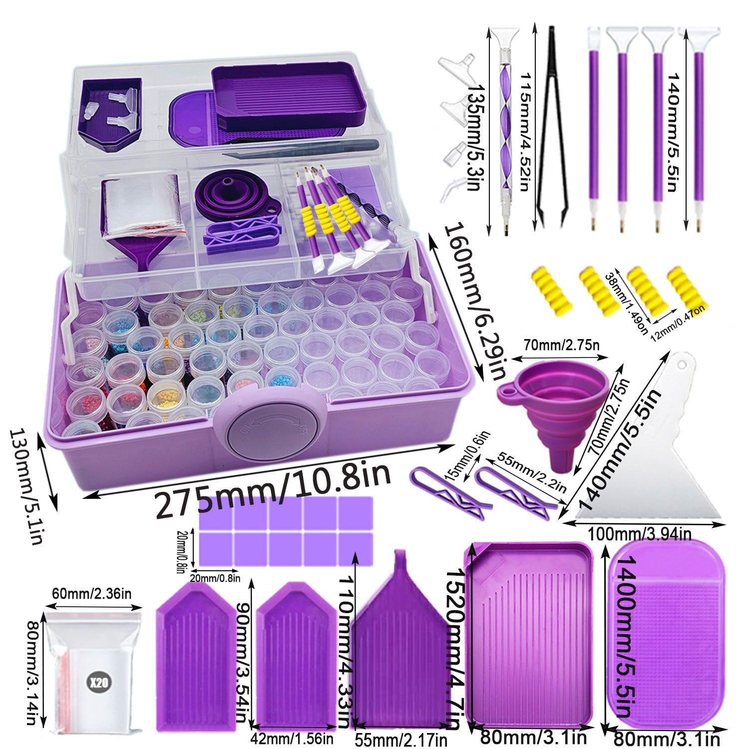 Diamond Painting Storage Containers Tools Accessories Kits with Shockproof Jars,Diamond Art Accessorie Tool Kits Craft Jewelry Bead Rhinestones Organizer Box Diamond Paintings Tools Box (57-Slots)