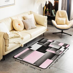 jejeloiu Geometric Living Room Rugs Area Rug 5x7 Pink Grey Black Buffalo Check Accent Rug for Modern Abstract Indoor Floor Mat Non-Slip Stripe Line Geometry Decorative Rug