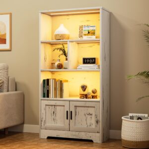 idealhouse white bookshelf with led lights farmhouse bookcase with doors modern storage rack 3 shelf standing bookshelves wooden display shelf unique book shelf for bedroom, living room, home office