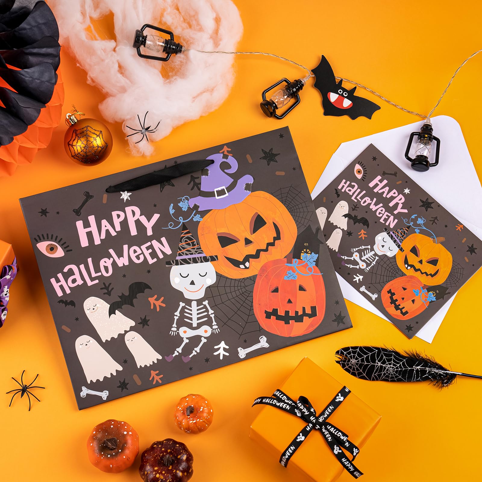 WRAPAHOLIC 13" Halloween Large Gift Bag with Card and Tissue Paper - Classic Halloween Theme Design and Happy Halloween Lettering