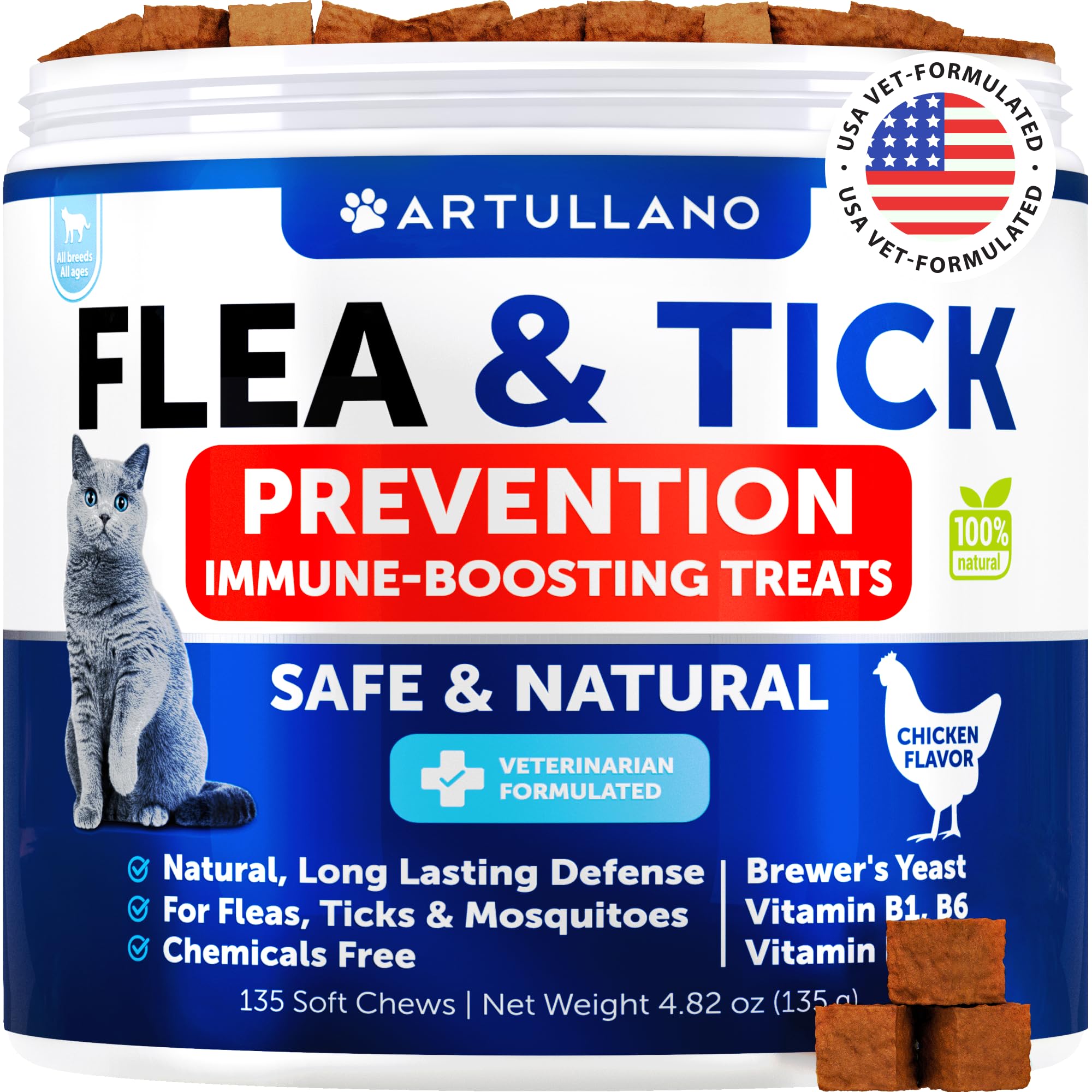 Flea Treatment for Cats - Flea and Tick Prevention for Cats Chewables - Natural Flea and Tick Supplement for Cats - Oral Flea Pills for Cats - All Breeds and Ages - Made in USA - 135 Chews