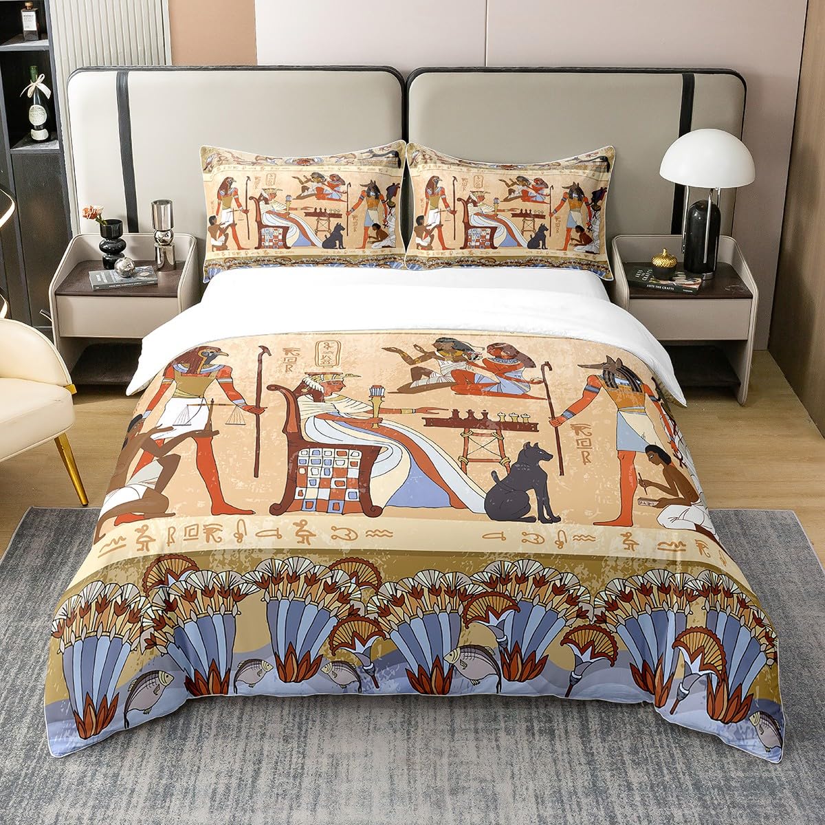 Ancient Egypt Cotton Duvet Cover Set Queen Retro Egyptian Pattern Comforter Cover Set for Women Men Adults Egypt Culture Bedding Set Tribal Eagle Dog Design Bedspread Cover Bedroom Decor Quilt Cover