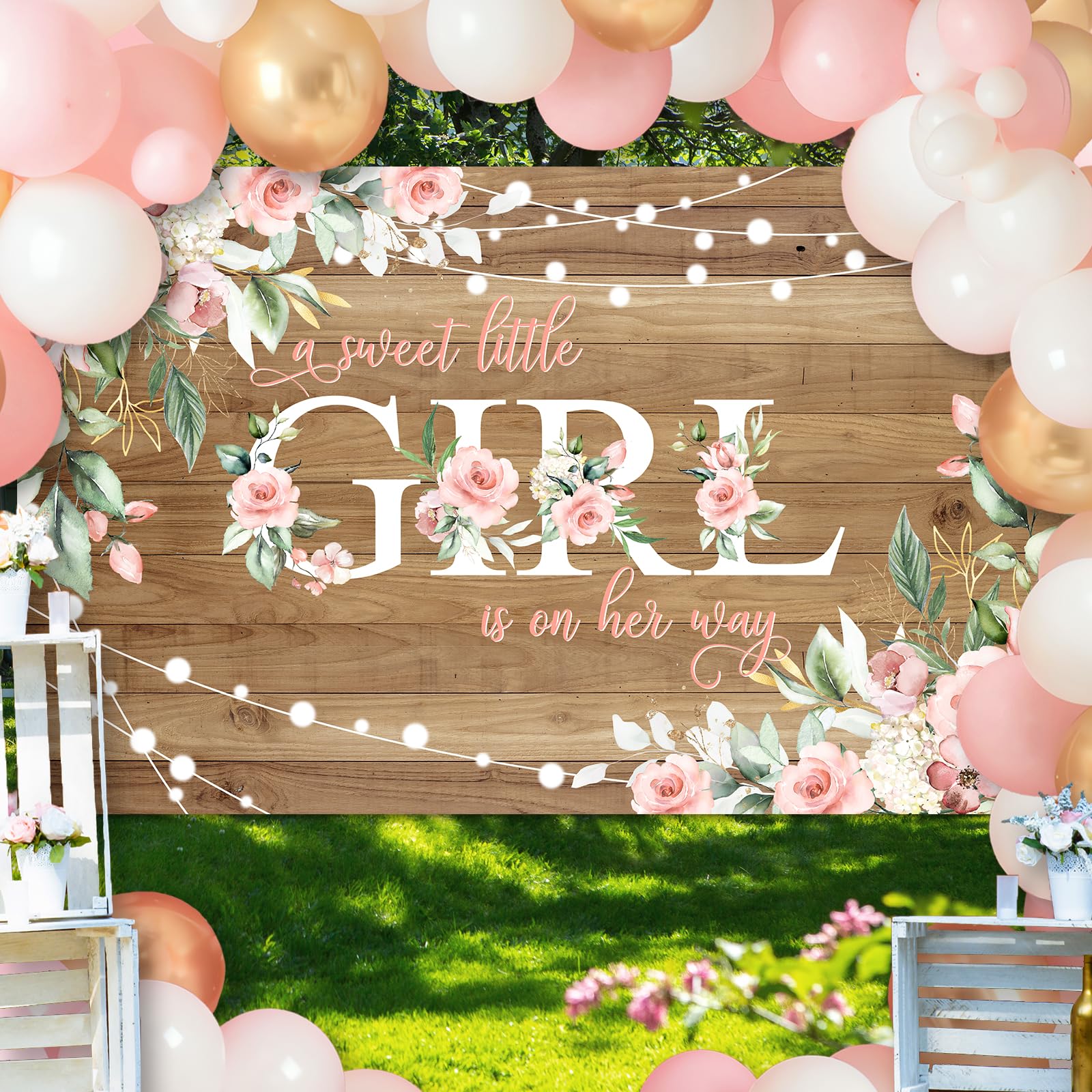 Avezano Rustic Girl Baby Shower Banner A Sweet Little Girl is on Her Way Baby Shower Party Decorations Pink Floral Girl Banner Photo Booth Studio Props 70.8 x 43.3 inch