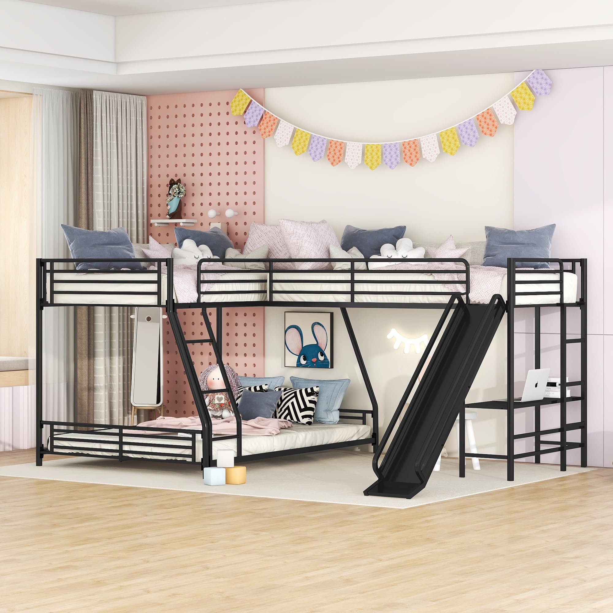 Triple Bunk Beds with Slide, L-Shape Twin Over Ful Bunk Bed Attached a Loft Bed with Desk, Metal Corner Bunk Bed Frame for Three Kids Boys Girls Teens, Black