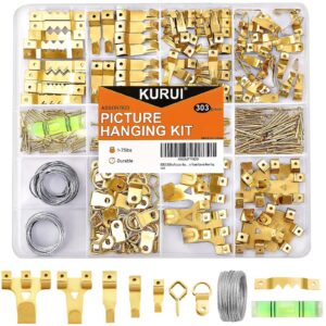 kurui 303pcs picture hanging kit, picture hangers assorted kit with heavy duty wall hooks, sawtooth, picture wire, d rings, hardware nails, eye hooks and picture hanging tool for frame canvas mounting