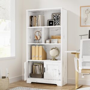 IDEALHOUSE White Bookshelf with LED Lights Farmhouse Bookcase with Doors Modern Storage Rack 3 Shelf Standing Bookshelves Wooden Display Shelf Unique Book Shelf for Bedroom, Living Room, Home Office