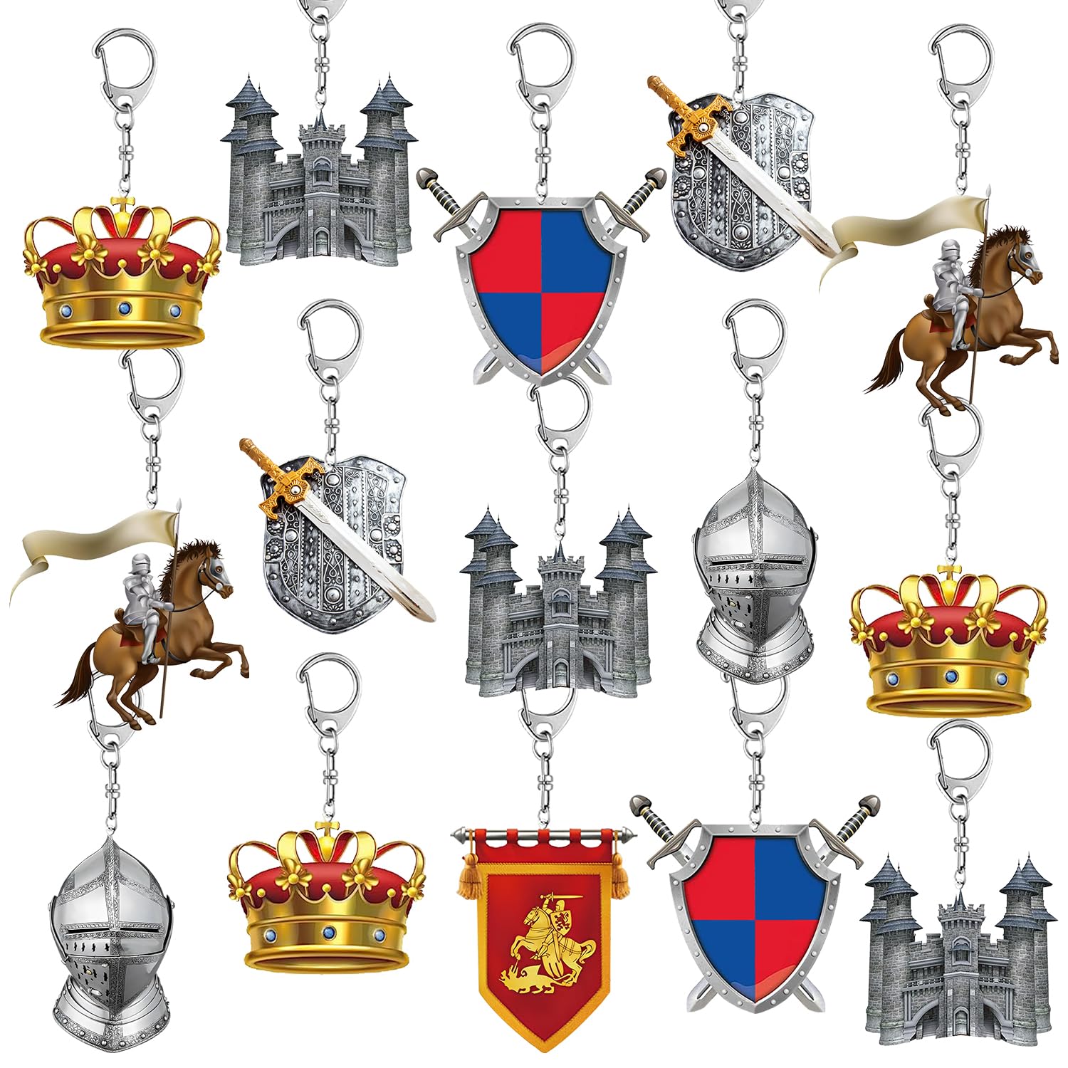 YYMYMGJ Medieval Knight Party Favors 12 PCS Medieval Knight Themed Acrylic Key Chains for Knight Costume Cosplay Crusader Knight Birthday Party Mardi Gras Ball Graduation Prom Decorations Supplies