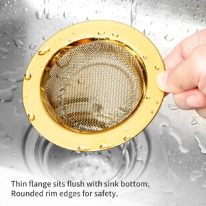 Raings 2 PCS Kitchen Sink Strainers Stainless Steel, Upgrade Anti-Clogging Mesh Sink Drain Basket, Strainers for Sink Drain Food Catcher with Large Wide Rim 4.5" Diameter (Gold)