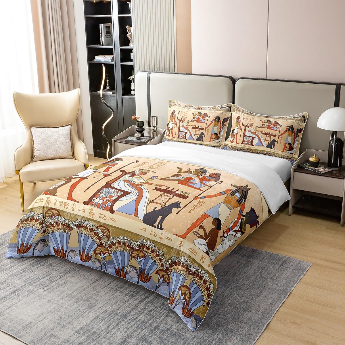 Ancient Egypt Cotton Duvet Cover Set Queen Retro Egyptian Pattern Comforter Cover Set for Women Men Adults Egypt Culture Bedding Set Tribal Eagle Dog Design Bedspread Cover Bedroom Decor Quilt Cover