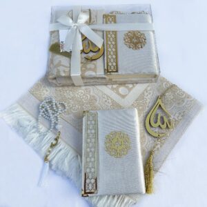 SAIKA Prayer Rug Set with Thanks Card, Full Arabic Quran Prayer Rug, Beads and Car Hanger Set,Ramadan Eid Wedding Birthday Graduation Mother's Day (Cream)