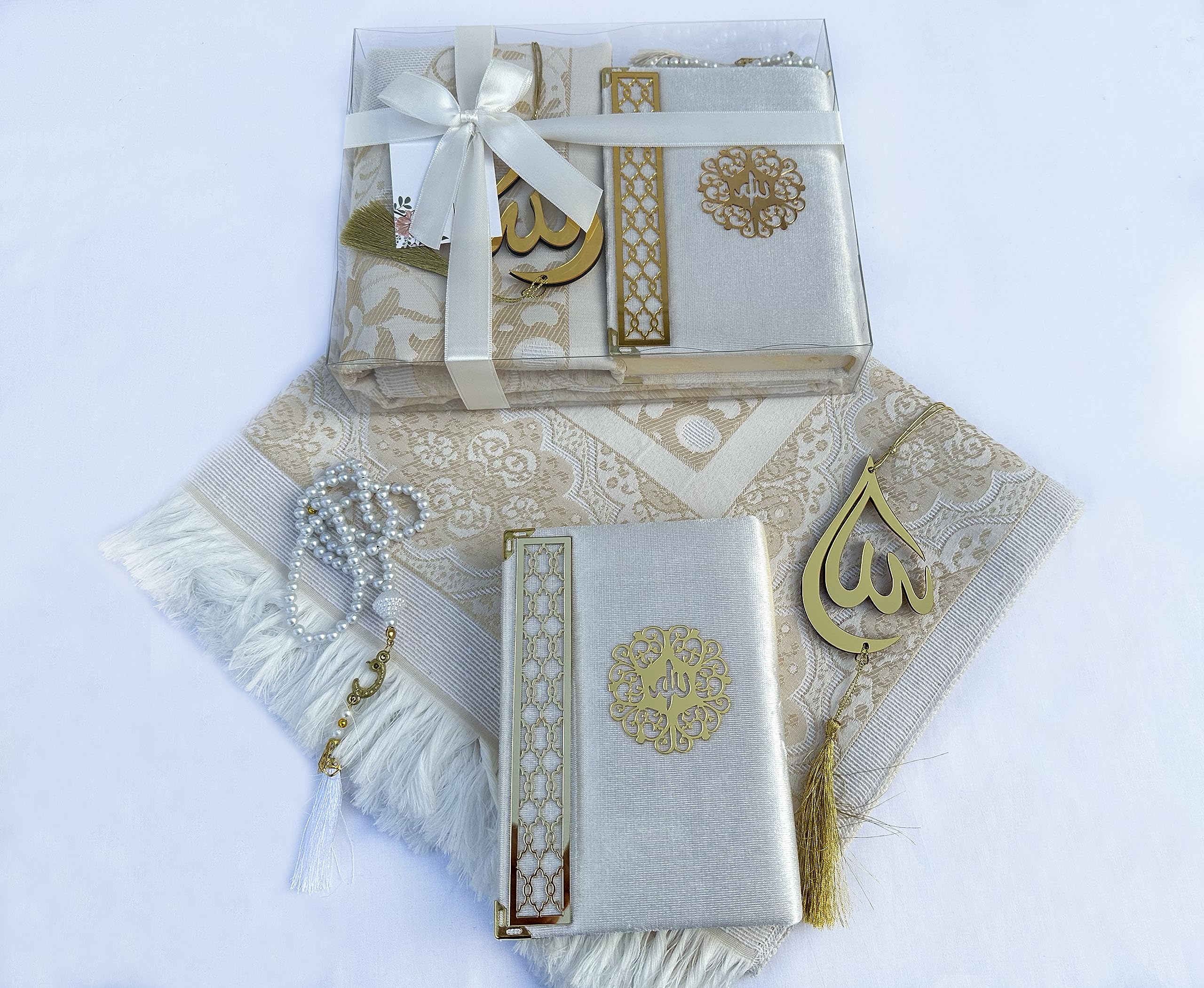 SAIKA Prayer Rug Set with Thanks Card, Full Arabic Quran Prayer Rug, Beads and Car Hanger Set,Ramadan Eid Wedding Birthday Graduation Mother's Day (Cream)