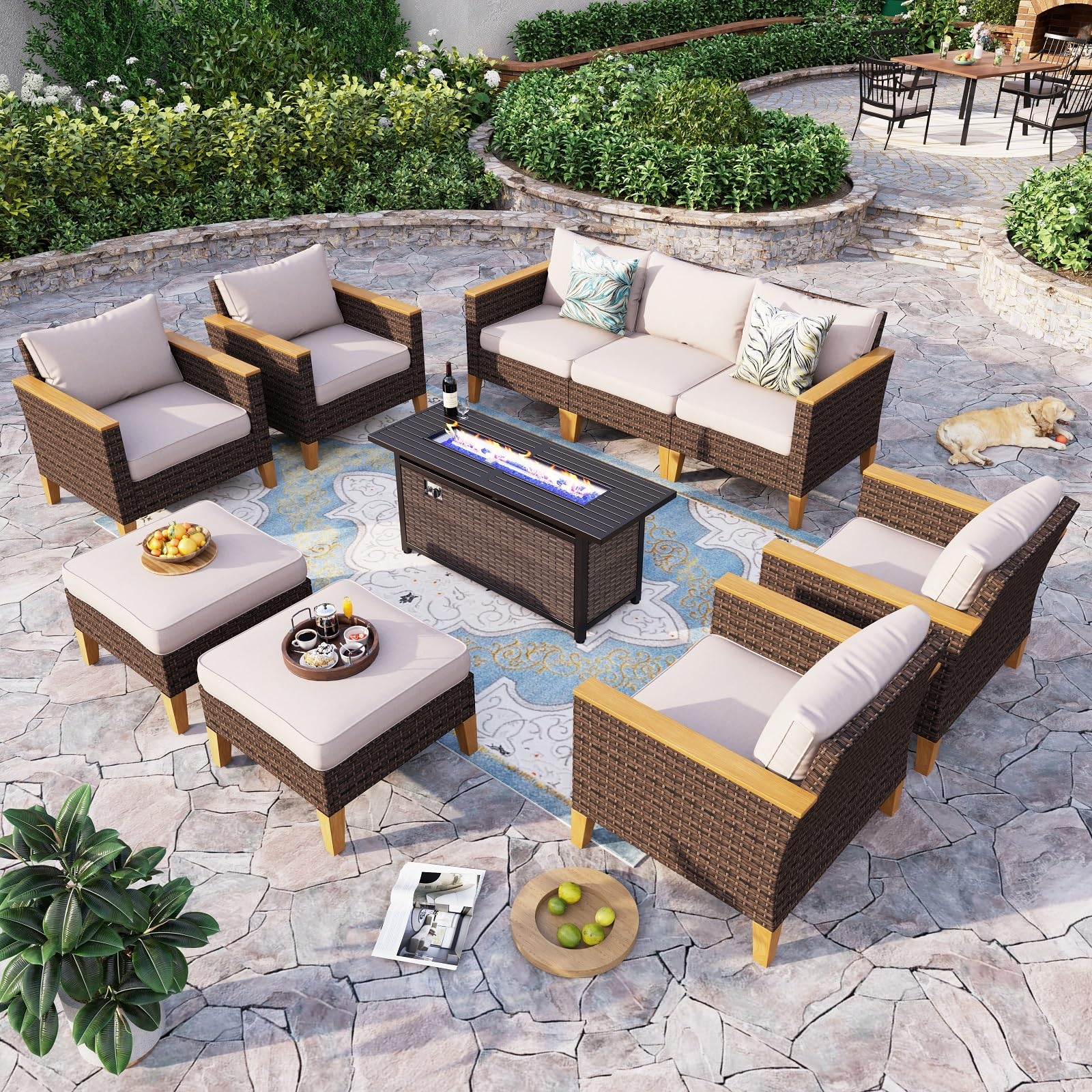 Sophia & William Patio Furniture Set with Fire Pit Table, Large Outdoor Wicker Rattan Sectional Sofa 10 Piece Patio Conversation Set for Deck, Backyard, Porch, Outside(56-Inch Fire Pit,Beige)