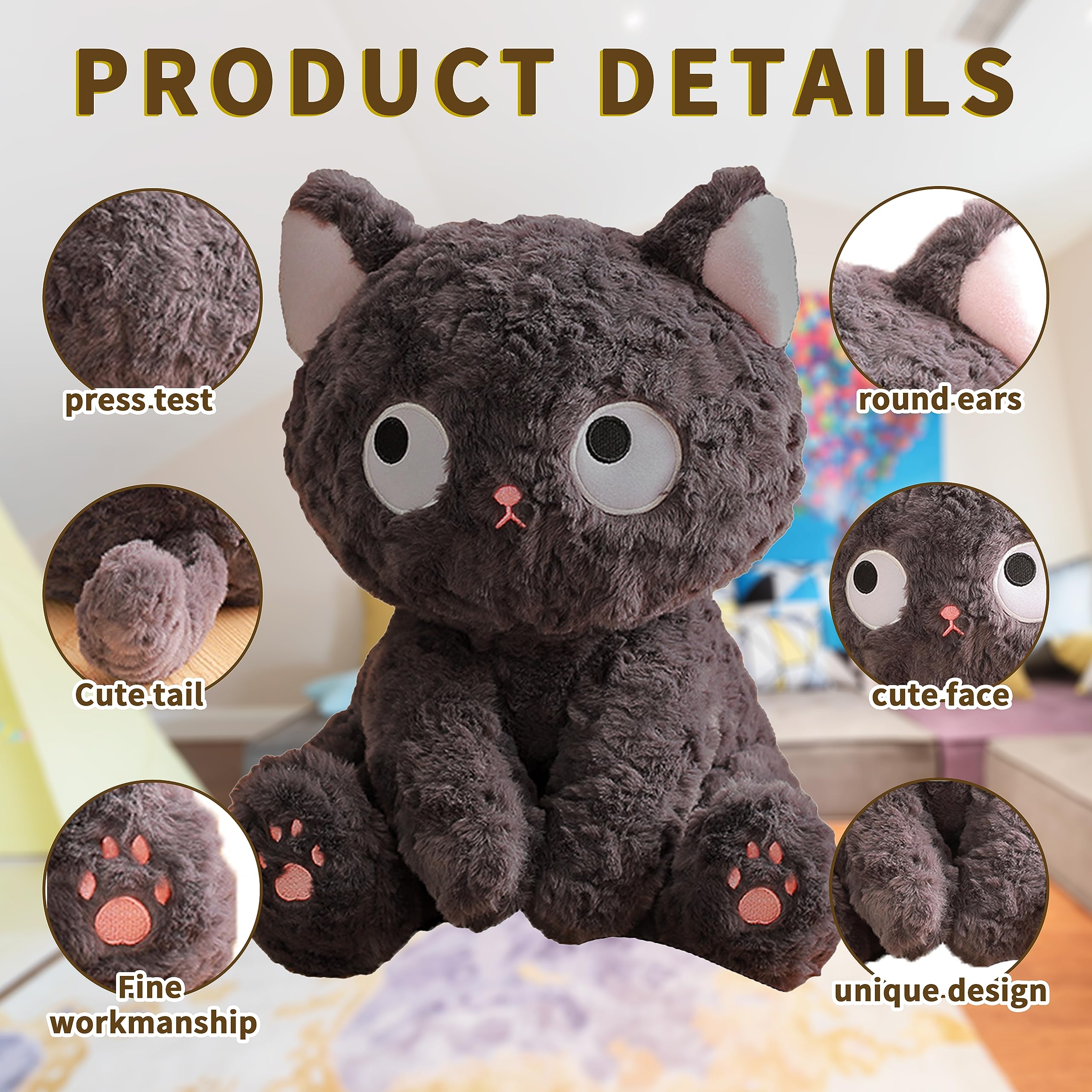 WYEDJHF Cute Black Cat Stuffed Animal Toy, Kawaii Cat Plush Pillow, Black Cat Soft Plushies Throw Pillow for Kids Birthday Christma Halloween Day Gifts Decor (Sitting, 9.8in)