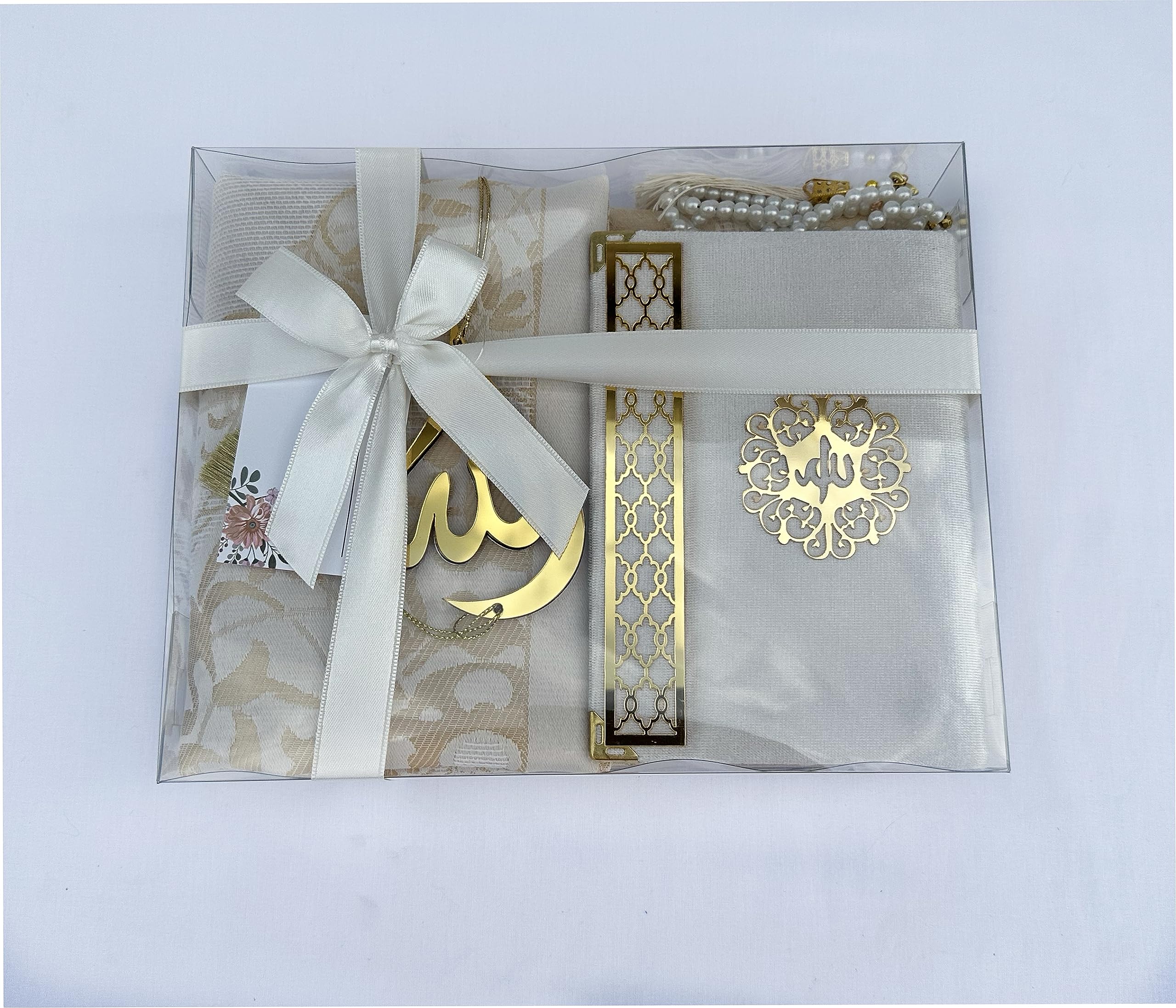 SAIKA Prayer Rug Set with Thanks Card, Full Arabic Quran Prayer Rug, Beads and Car Hanger Set,Ramadan Eid Wedding Birthday Graduation Mother's Day (Cream)