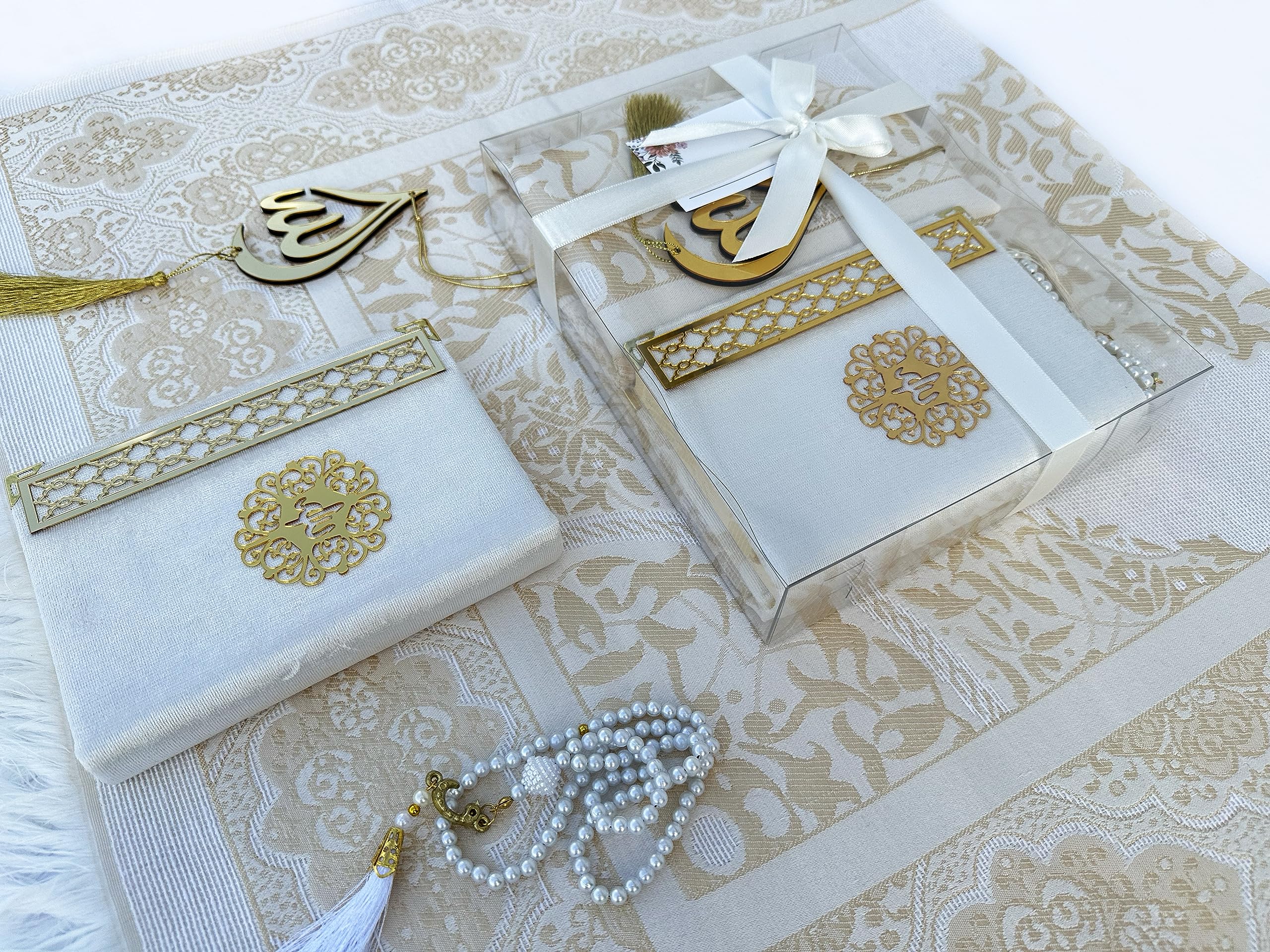 SAIKA Prayer Rug Set with Thanks Card, Full Arabic Quran Prayer Rug, Beads and Car Hanger Set,Ramadan Eid Wedding Birthday Graduation Mother's Day (Cream)