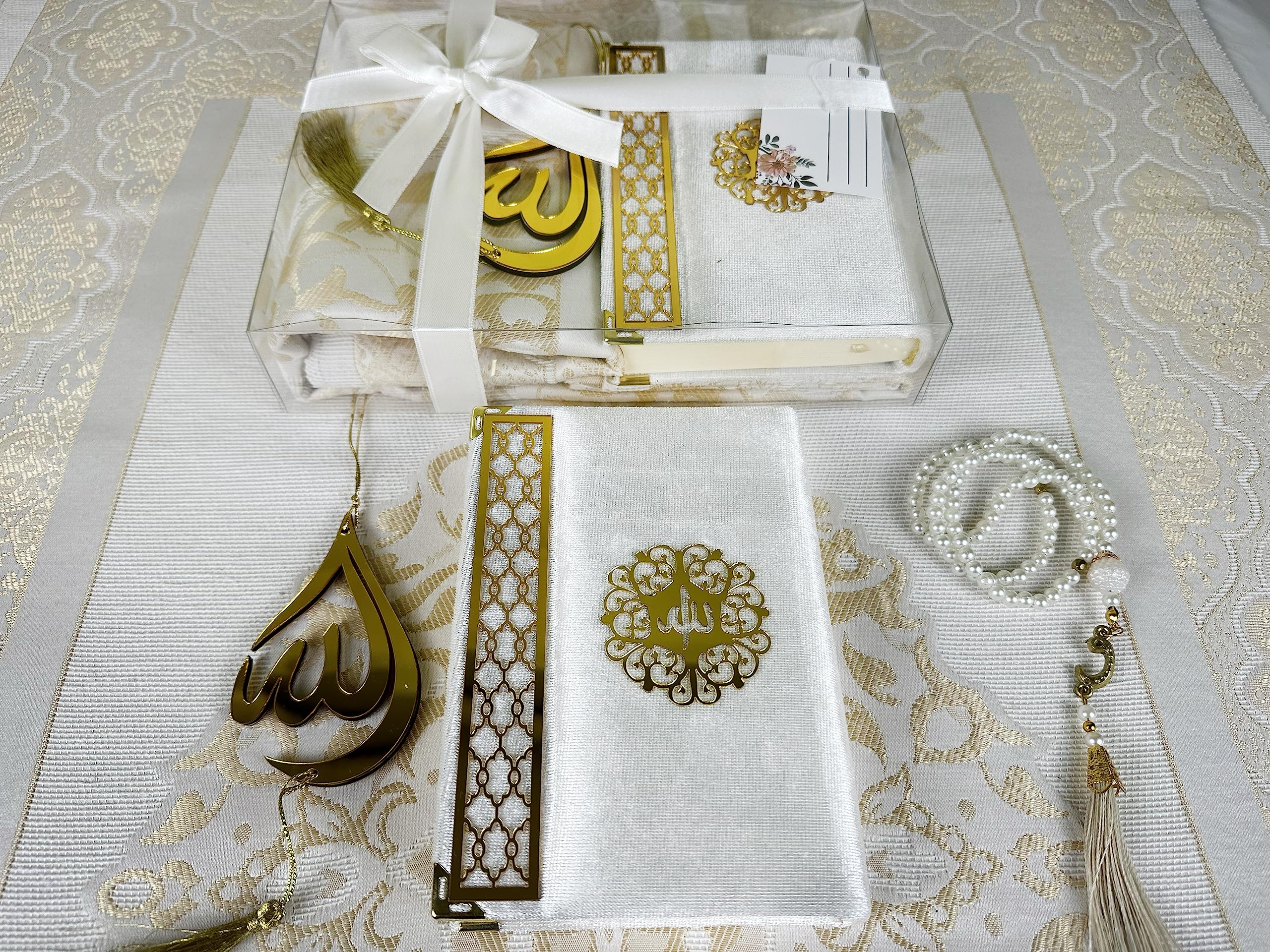 SAIKA Prayer Rug Set with Thanks Card, Full Arabic Quran Prayer Rug, Beads and Car Hanger Set,Ramadan Eid Wedding Birthday Graduation Mother's Day (Cream)