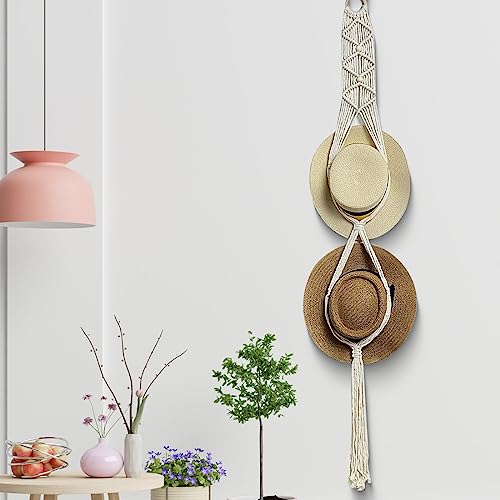 LINXIU Macrame Hat Hangers Boho Hat Rack for Wall Decorative Bohemian Women Cowboy Hats Holder Organizer for Wide Brim Fedoras Caps(2 Hats Style)