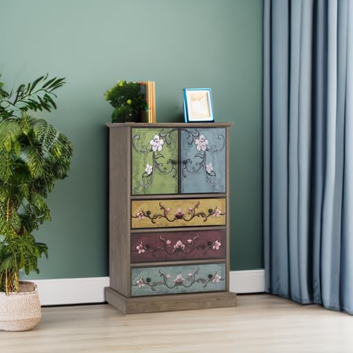 FINETONES Wood Dresser Chest of Drawers, Tall Dresser Boho Dresser with Drawers and Doors, 16.1D x 23.6W 42.3H Inch Wood Dresser Accent Dresser for Home Office