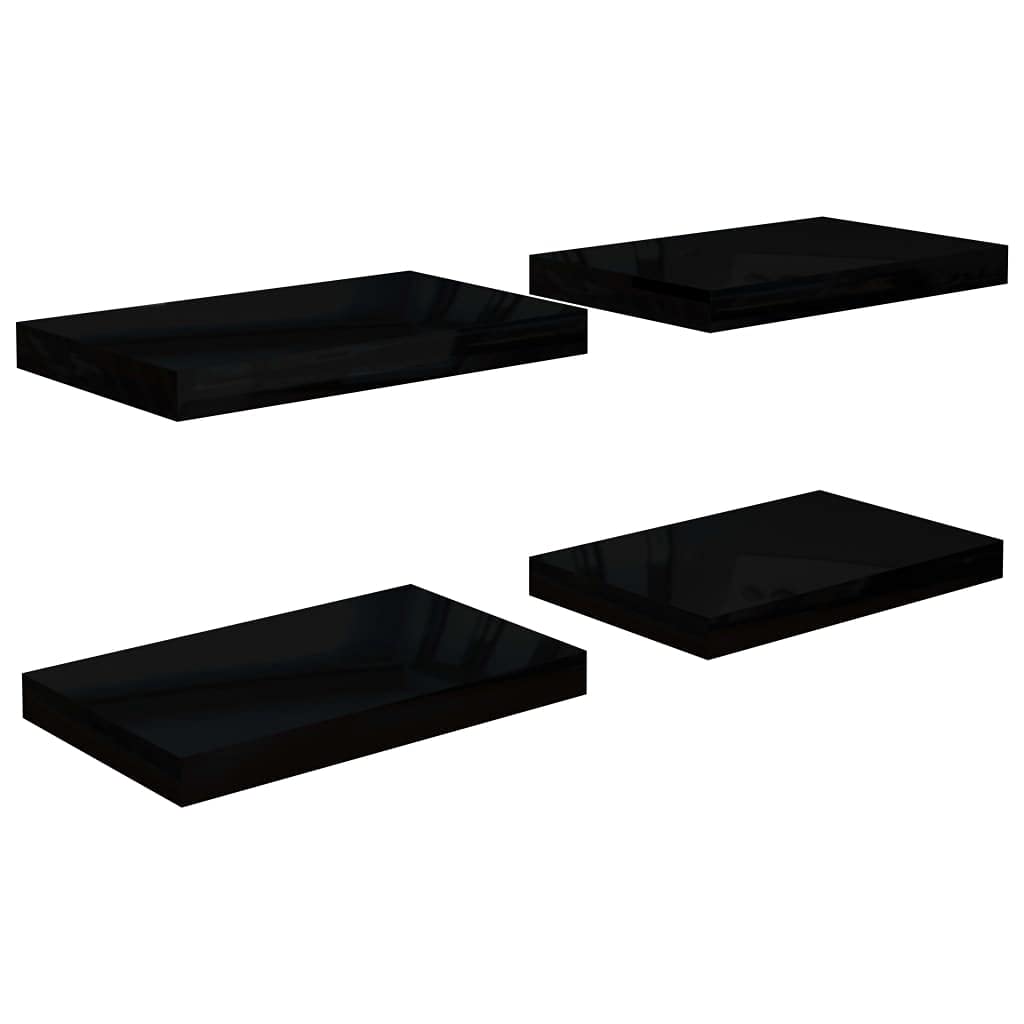 vidaXL Floating Wall Shelves, 4 pcs, High Gloss Black 15.7"x9.1"x1.5", MDF Material, Modern Black Wall Display Shelves with Invisible Mounting System