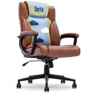 serta hannah 2.0 executive high back office chair with lumbar support ergonomic upholstered swivel gaming friendly design, bonded leather cognac