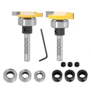 wsoox top bearing slot cutting router bits set biscuit bit and 1/4 cutting height undercut bit with 3 different size bearings for decking board installing,slotting, biscuiting,surfacing,rabbetting.