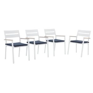 OC Orange-Casual Stackable Patio Chairs Set of 4, Outdoor Indoor Aluminum Dining Chairs w/Armrest & Cushion for Porch Backyard Garden, All-Weather Resistant, White Finish & Dark Blue Cushion