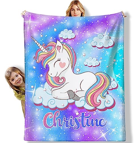 ONCUSTOM Personalized Blankets for Kids Customized w/Name, 350g Thick Winter Custom Unicorn Throw Blanket for Girls, Baby Gift for Birthday, Christmas