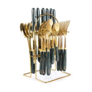 mgeezz abstract forest green ceramic golden stainless steel cutlery set of 24 with spoons, forks & knives with stand marble design handle with exquisite pattern sets