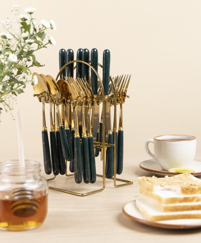 MGeezz Abstract Forest Green Ceramic Golden Stainless Steel Cutlery Set of 24 with Spoons, Forks & Knives with Stand Marble Design Handle with Exquisite Pattern Sets