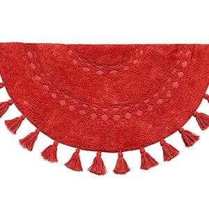 Unique Boho Rug - Half Circle Mat with Crochet Insert Detail & Tassels - 100% Cotton Boho Bathroom Rugs - Decorative Non-Slip Bohemian Rug for Bath & Bedroom - Cute Boho Decor - Paprika Red 42x22