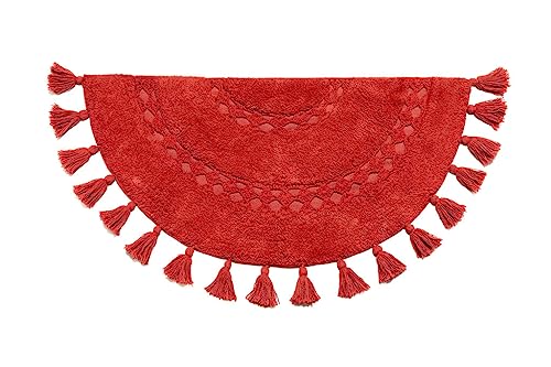 Unique Boho Rug - Half Circle Mat with Crochet Insert Detail & Tassels - 100% Cotton Boho Bathroom Rugs - Decorative Non-Slip Bohemian Rug for Bath & Bedroom - Cute Boho Decor - Paprika Red 42x22