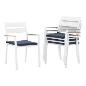 oc orange-casual stackable patio chairs set of 4, outdoor indoor aluminum dining chairs w/armrest & cushion for porch backyard garden, all-weather resistant, white finish & dark blue cushion