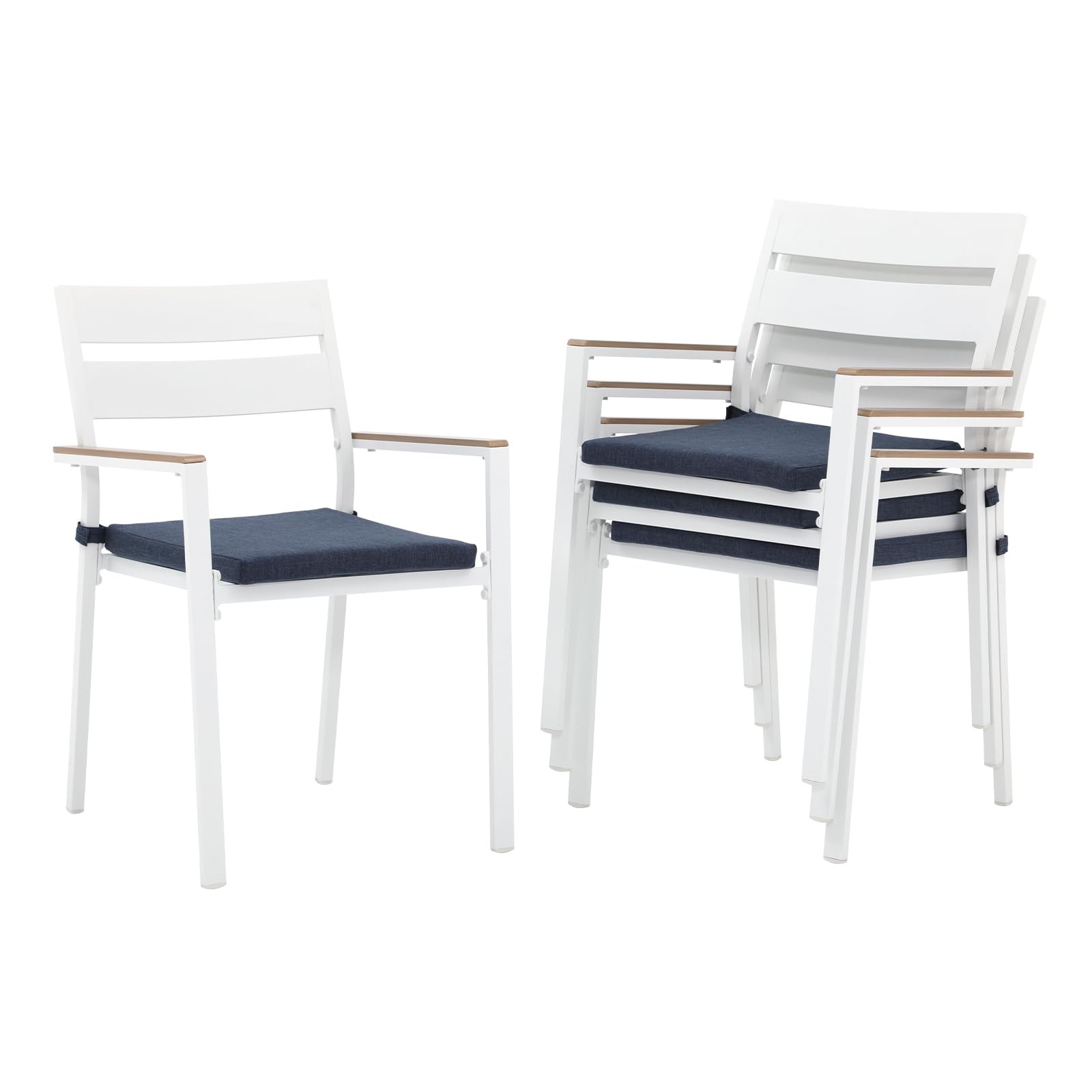 OC Orange-Casual Stackable Patio Chairs Set of 4, Outdoor Indoor Aluminum Dining Chairs w/Armrest & Cushion for Porch Backyard Garden, All-Weather Resistant, White Finish & Dark Blue Cushion