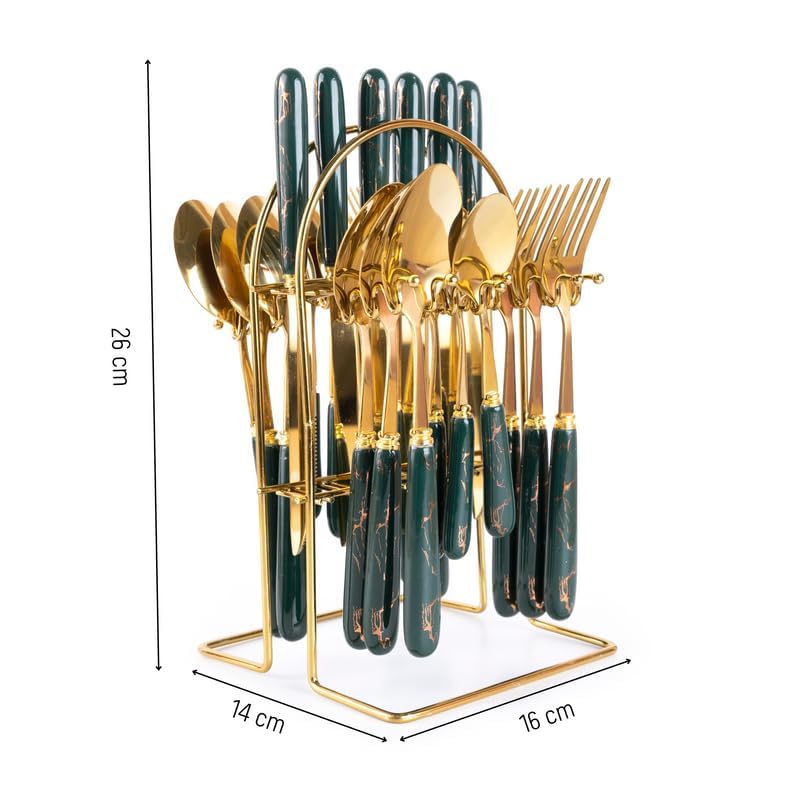 MGeezz Abstract Forest Green Ceramic Golden Stainless Steel Cutlery Set of 24 with Spoons, Forks & Knives with Stand Marble Design Handle with Exquisite Pattern Sets