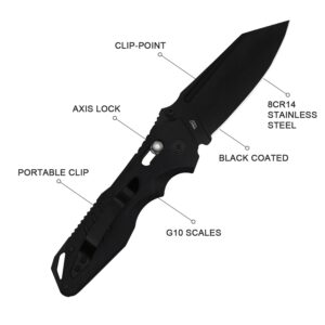 EMHTiii Pocket Folding Knife for Men: 3.93" Stainless Steel All Black Blade, Axis Lock, G10 Scales with Clip, EDC Knives Great for Outdoor, Camping, Hiking, EMH01N