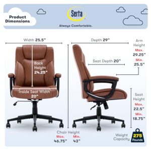 Serta Hannah 2.0 Executive High Back Office Chair with Lumbar Support Ergonomic Upholstered Swivel Gaming Friendly Design, Bonded Leather Cognac