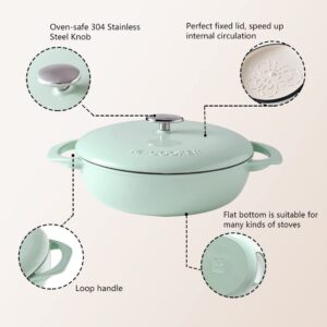 M-COOKER 3.8 Quart Enameled Cast Iron Braiser Pan with Lid，Covered Cast Iron Casserole Dish, Shallow Dutch Oven with Lid, Gift Idea for Family, Oven Safe (Mint green)