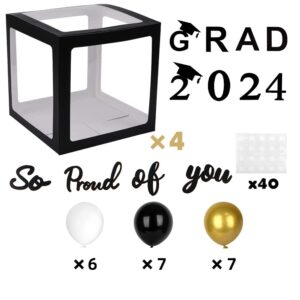 2024 Graduation Party Decoration Black Balloon Boxes with Letters 2024 Grad & So Proud of You and 20 pcs Ballons…