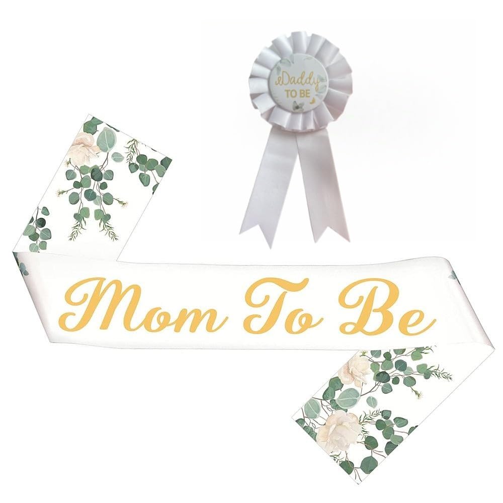 nuodslves Greenery Mom to Be Sash & Daddy to Be Badge Pins for Baby Shower Gender Reveal Party Decorations Pregnant Mommy Gift