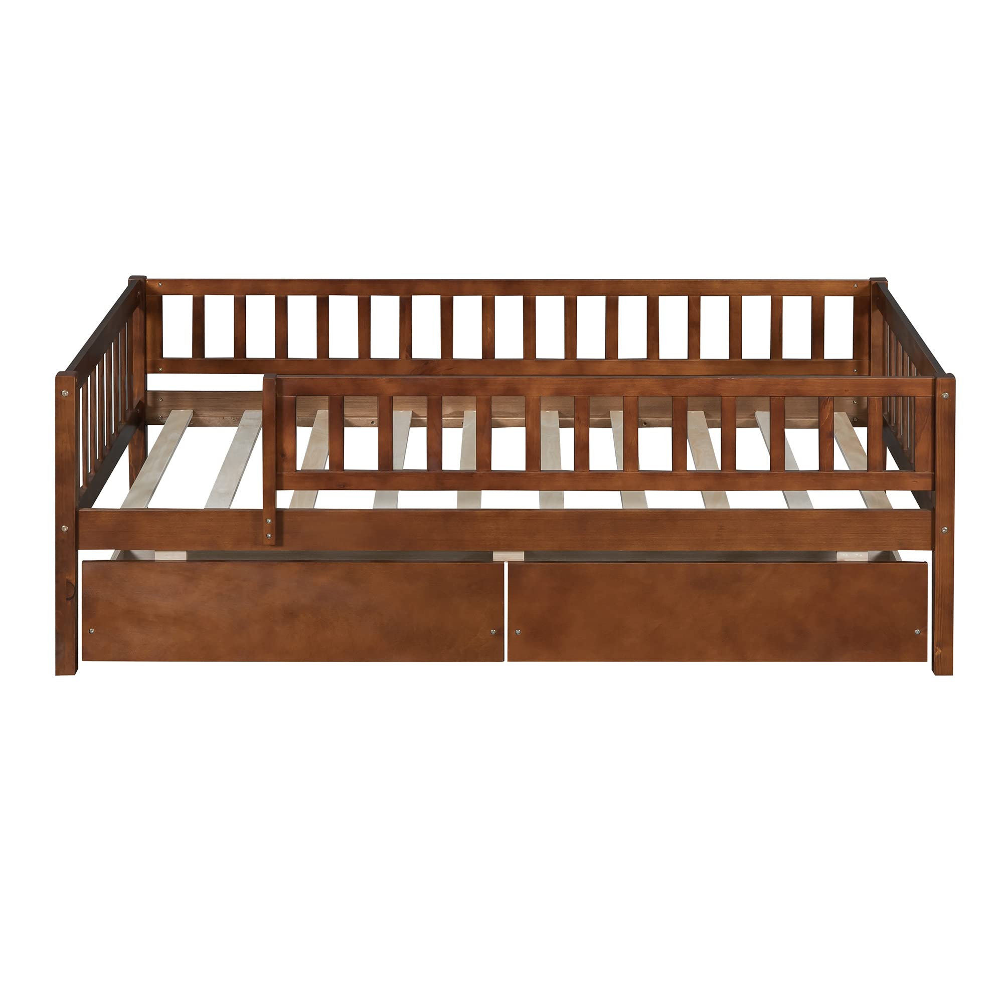 Harper & Bright Designs Twin Daybed with Two Drawers, Wood Twin Size Bed Frame with Fence Rails and Storage,Montessori Twin Bed for Kids Girls Boys,No Box Spring Needed,Walnut