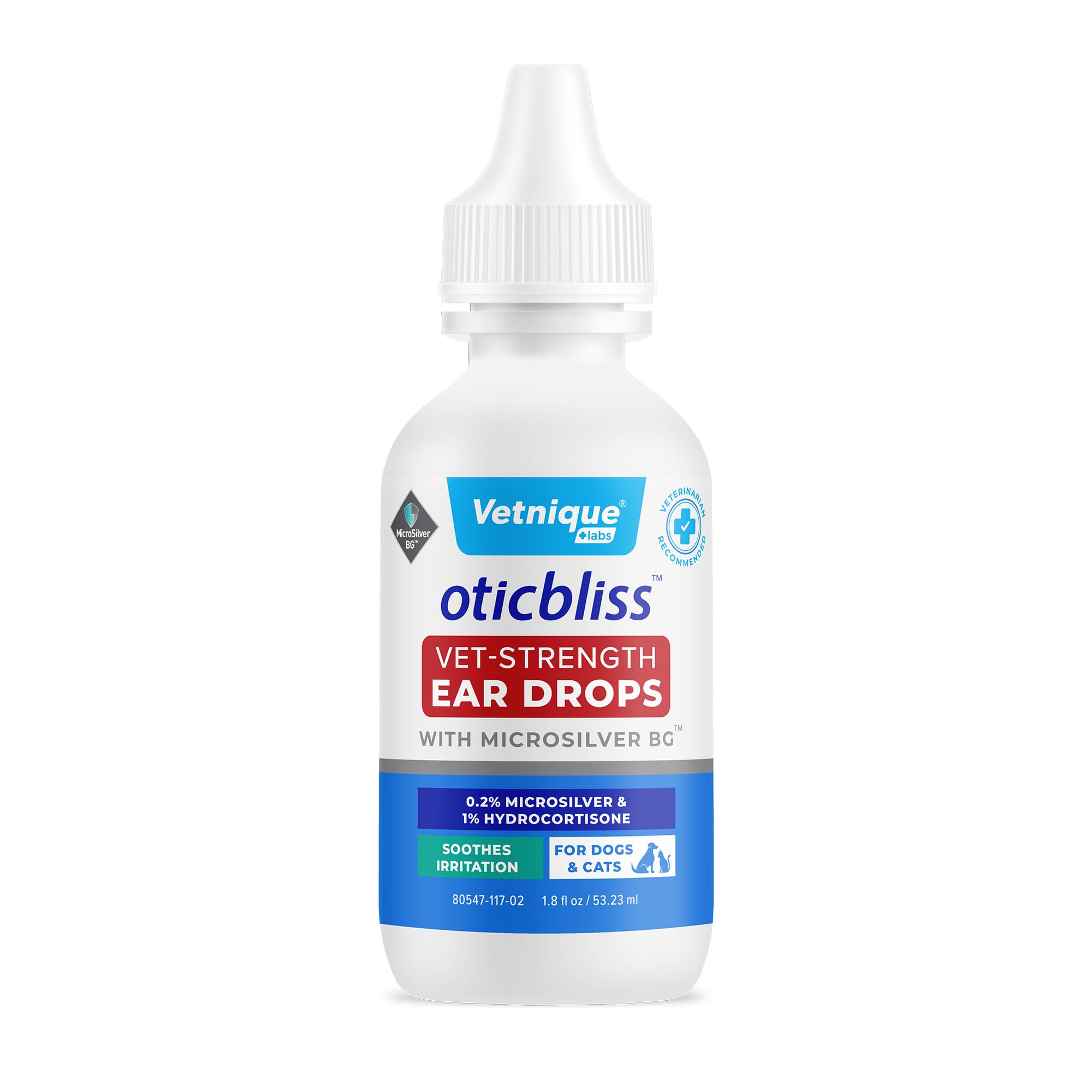 Vetnique Oticbliss Cat & Dog Ear Infection Treatment Drops - with 1% Hydrocortisone & MicroSilver BG for Dog Yeast Ear Infections - Vet Recommended Cat & Dog Ear Cleaner for Itchy Ear Relief