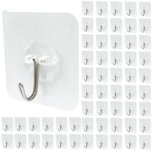 moicstiy adhesive hooks heavy duty self adhesive wall hooks transparent waterproof reusable seamless sticky hooks for kitchens, bathroom, office(60 pcs)