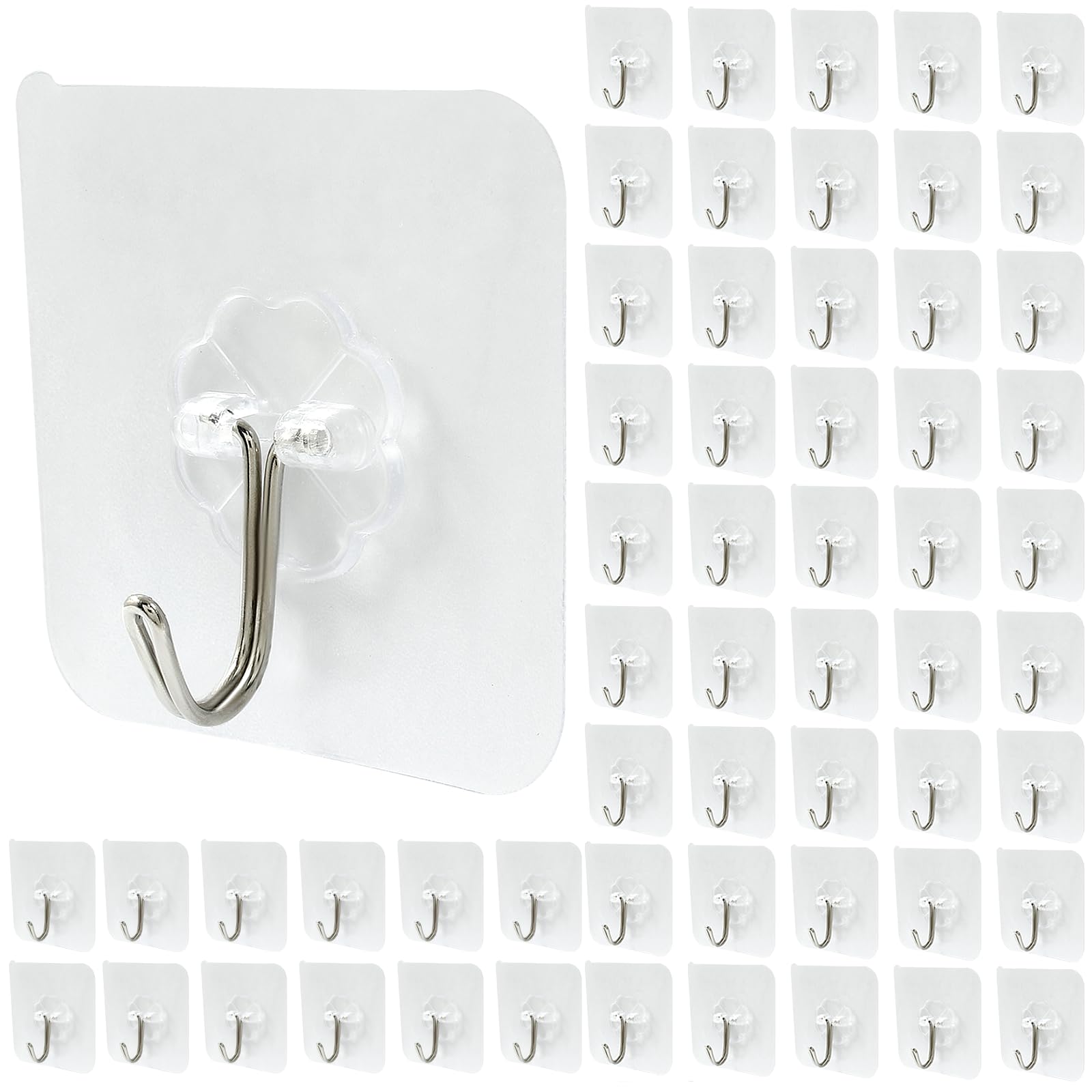 Moicstiy Adhesive Hooks Heavy Duty Self Adhesive Wall Hooks Transparent Waterproof Reusable Seamless Sticky Hooks for Kitchens, Bathroom, Office(60 Pcs)