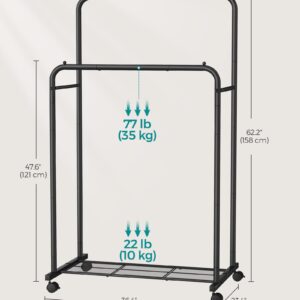 SONGMICS Double Rods Clothes Rack with Wheels, Clothing Rack for Hanging Clothes, Heavy Duty Garment Rack with Mesh Storage Shelf, 2 Brakes, Each Top Rail Holds up to 77 lb, Black UHSR26BKV1