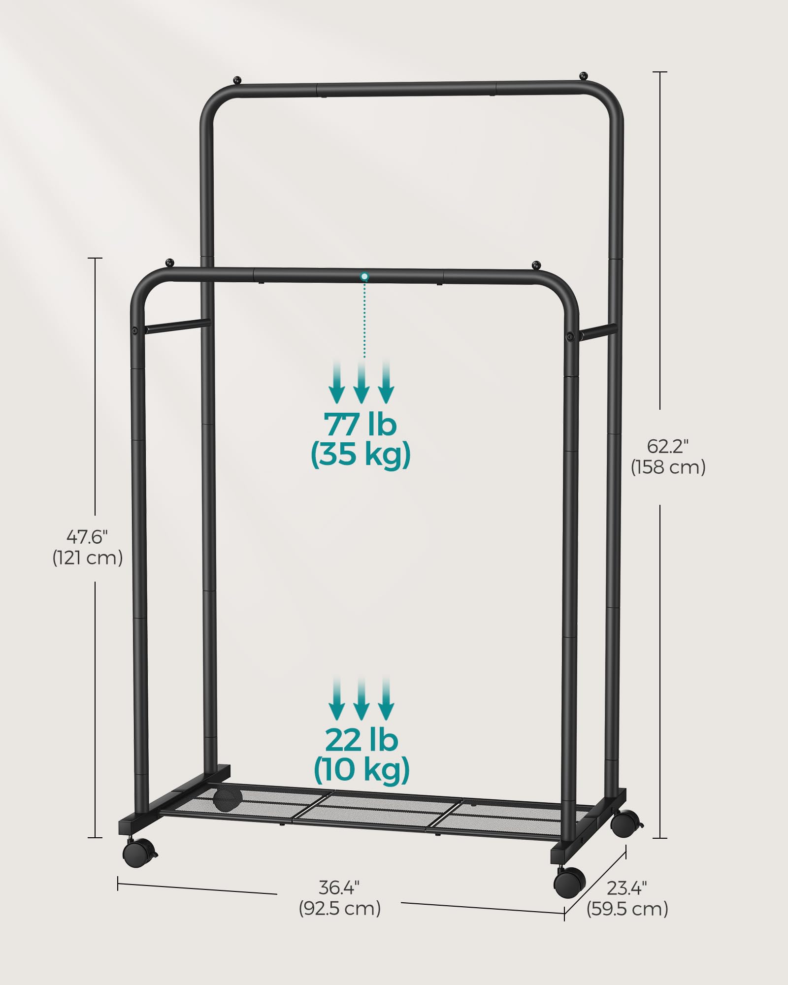 SONGMICS Double Rods Clothes Rack with Wheels, Clothing Rack for Hanging Clothes, Heavy Duty Garment Rack with Mesh Storage Shelf, 2 Brakes, Each Top Rail Holds up to 77 lb, Black UHSR26BKV1