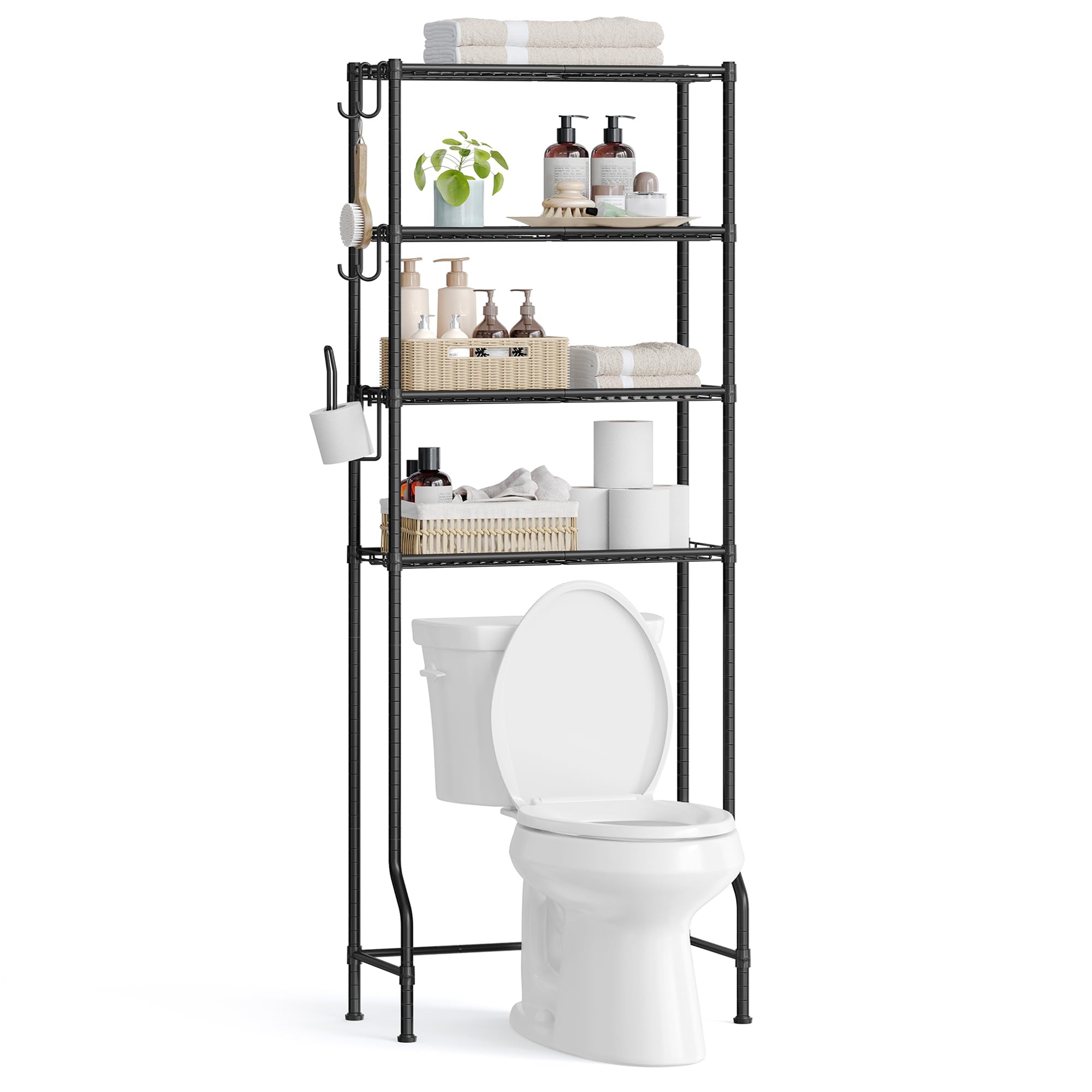 SONGMICS 4 Tier Over The Toilet Storage, Metal Storage Rack, Adjustable Shelves, 4 Hooks, Roll Holder, Space-Saving Bathroom Storage Shelf Organizer, 11.8 x 24.8 x 69.3 Inches, Black UBTS013B01