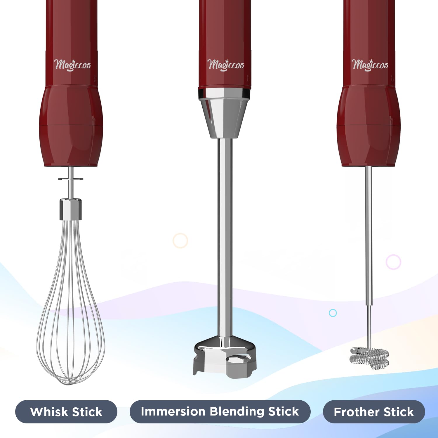 Magiccos Immersion Stick Hand Blender - 9 Speeds Contorl, Slim Stick Blender Wand, 350W DC Motor, For Shakes and Smoothies, Puree Baby Food & Soup, Whisk & Milk Frother Attachments(Red)