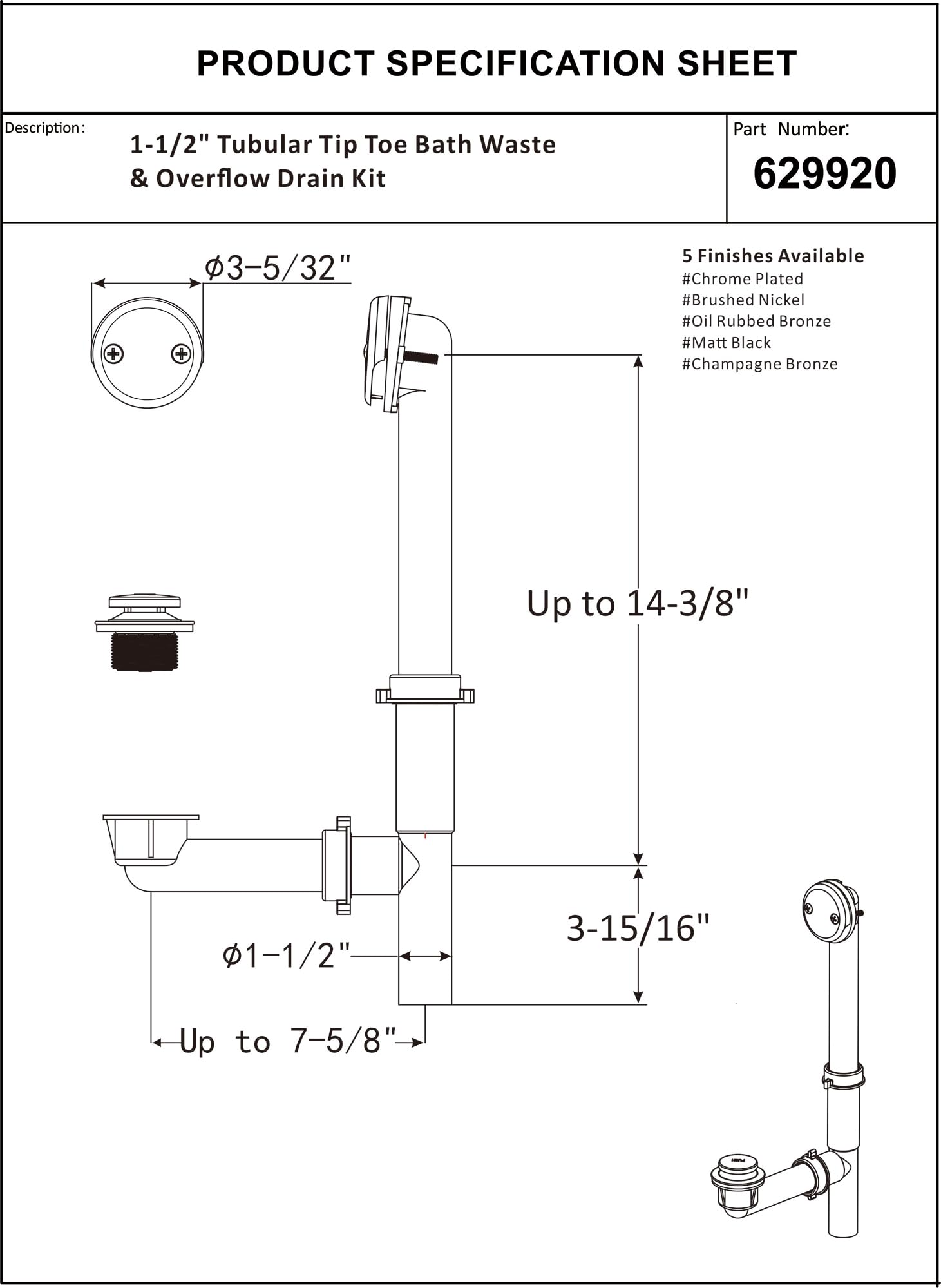 Artiwell 1-1/2" Black Tubular Bath Drain Kit with Tip-Toe Bath Drain Stopper, Touch-Toe Tub Drain, Tip Toe Bathtub Drain Waste and Overflow with Plug and Bathtub Overflow Drain Cover, Matte Black