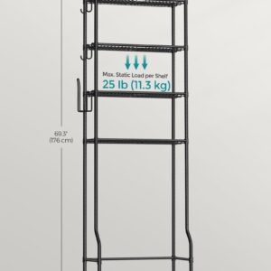 SONGMICS 4 Tier Over The Toilet Storage, Metal Storage Rack, Adjustable Shelves, 4 Hooks, Roll Holder, Space-Saving Bathroom Storage Shelf Organizer, 11.8 x 24.8 x 69.3 Inches, Black UBTS013B01